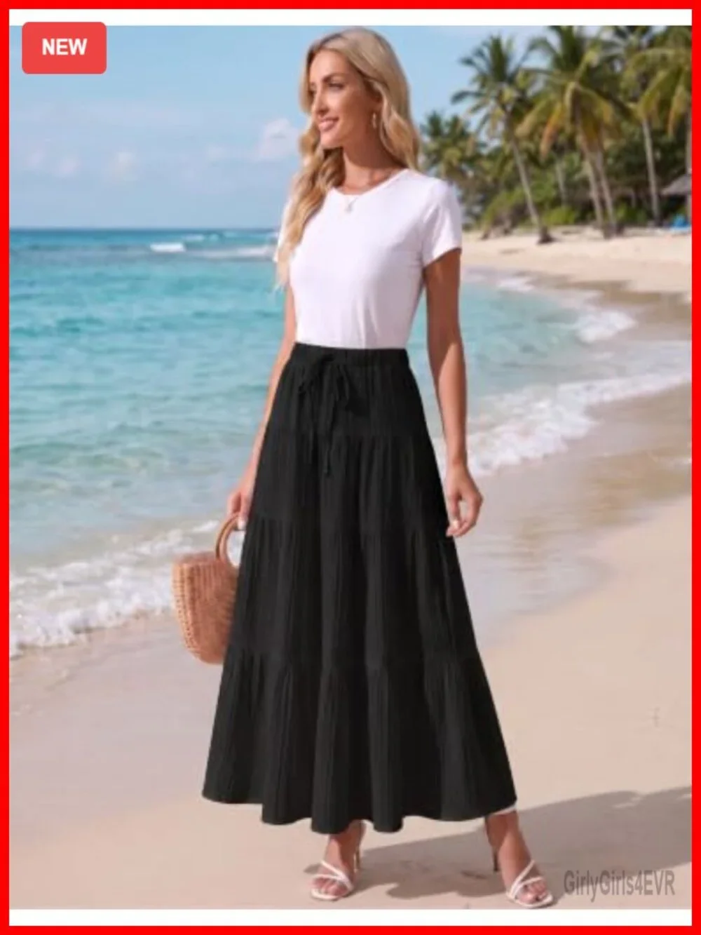 Womens Flowy Boho Ruffle Tiered High Waisted Maxi Skirt Long
